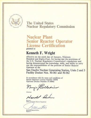 Kenneth Wright Senior Reactor Operator License - San Onofre Nuclear Generating Station Units 2 and 3